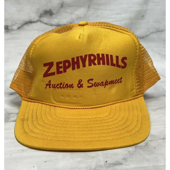 Vintage Zephyrhills Auction Swapmeet Mesh Snapback Trucker Hat Yellow Cap Foam - Picture 1 of 4